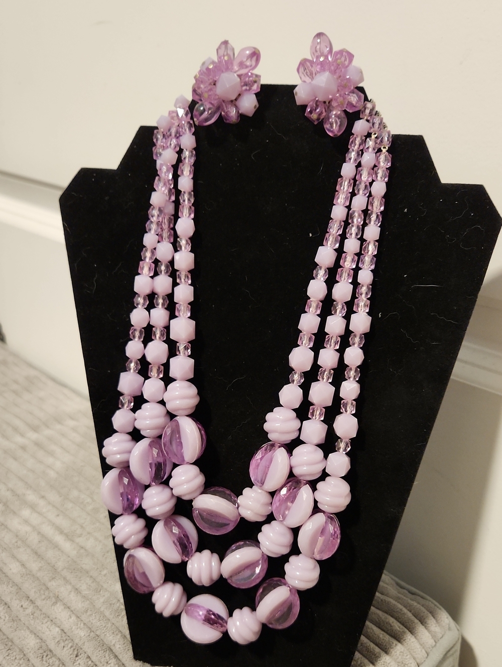 Vintage Signed West Germany Lavender Plastic 3 Strand Necklace Earring Set MCM